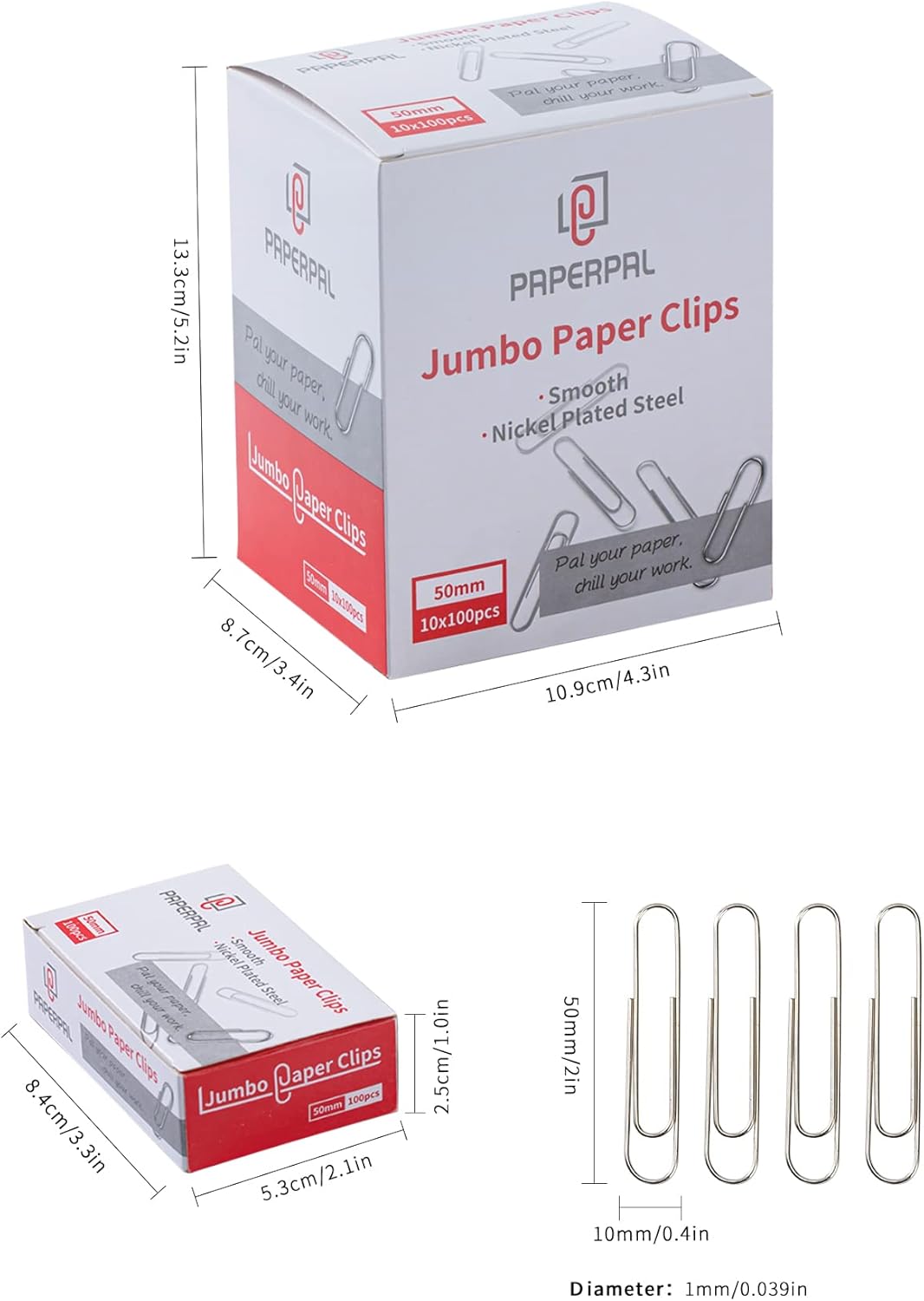 PAPERPAL Paperclips for Office School & Personal Use, Jumbo Smooth Paper Clip (2"), 1000 Large Paper Clips (10 Boxes of 100 Each), Silver