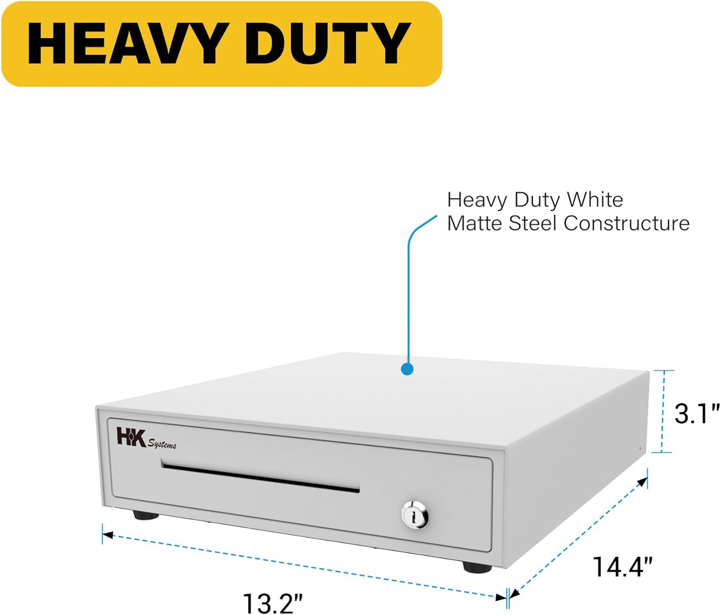 HK SYSTEMS 13inch Heavy Duty POS Cash Drawer with 4Bill/5Coin, Removable Coin Compartment, 24V, RJ11, Single Large Media Slot, White