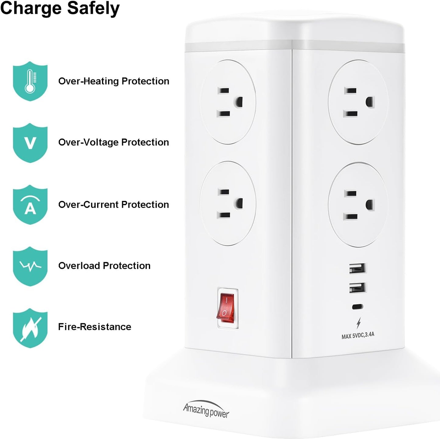 6.5Ft Surge Protector Power Strip Tower - 8 AC Outlets & 6 USB Ports Multi-Device Charging Station with Overload Protection, for Home/Office/Dorm