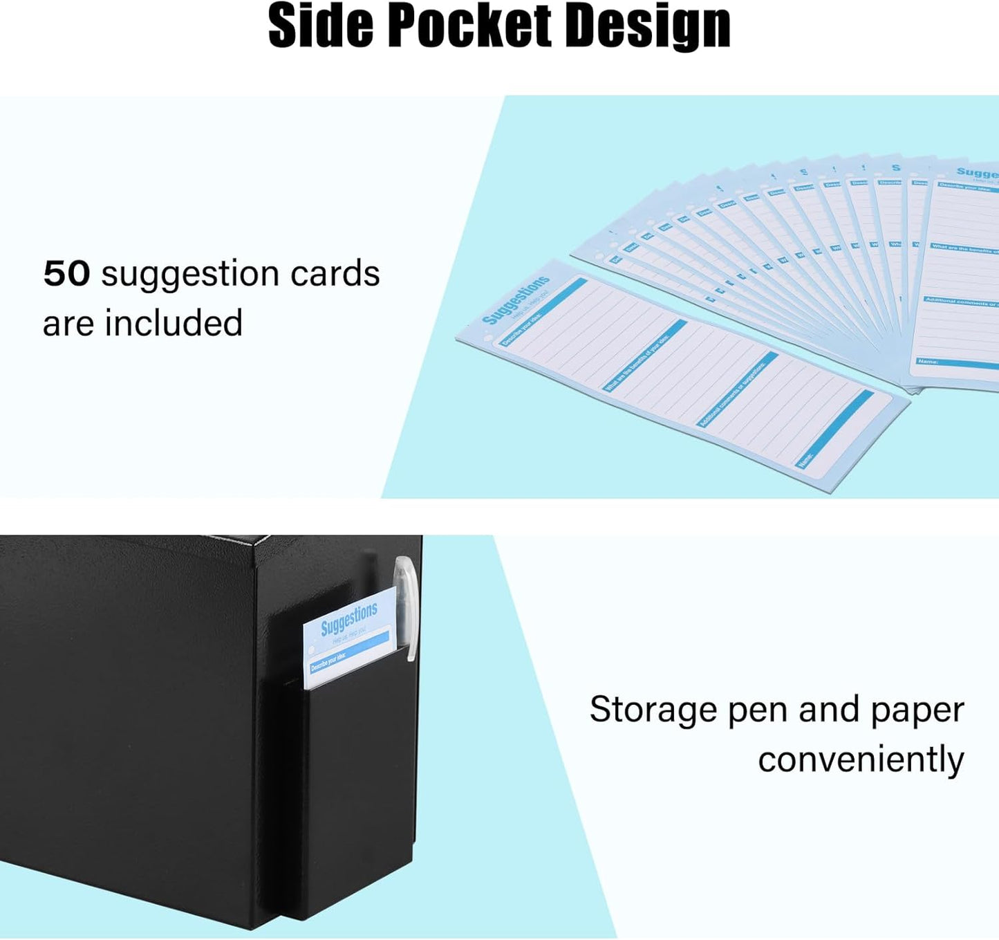xydled Wall Mounted Ballot & Donation Box with 50 Suggestion Cards, Metal Suggestion Box with Key Lock, Collection Box, Black, 8.7"x 5.9"x7.1"
