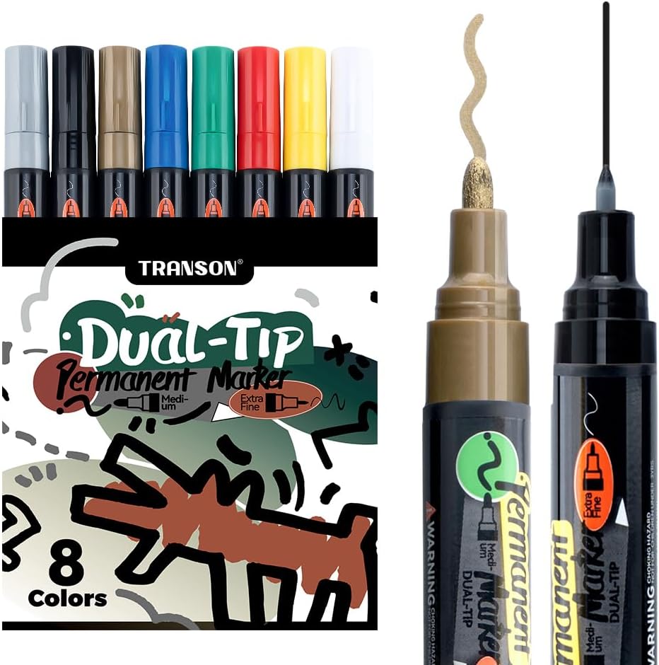 TRANSON 8 Colors Dual-tip Permanent Paint Markers Oil Based Waterproof
