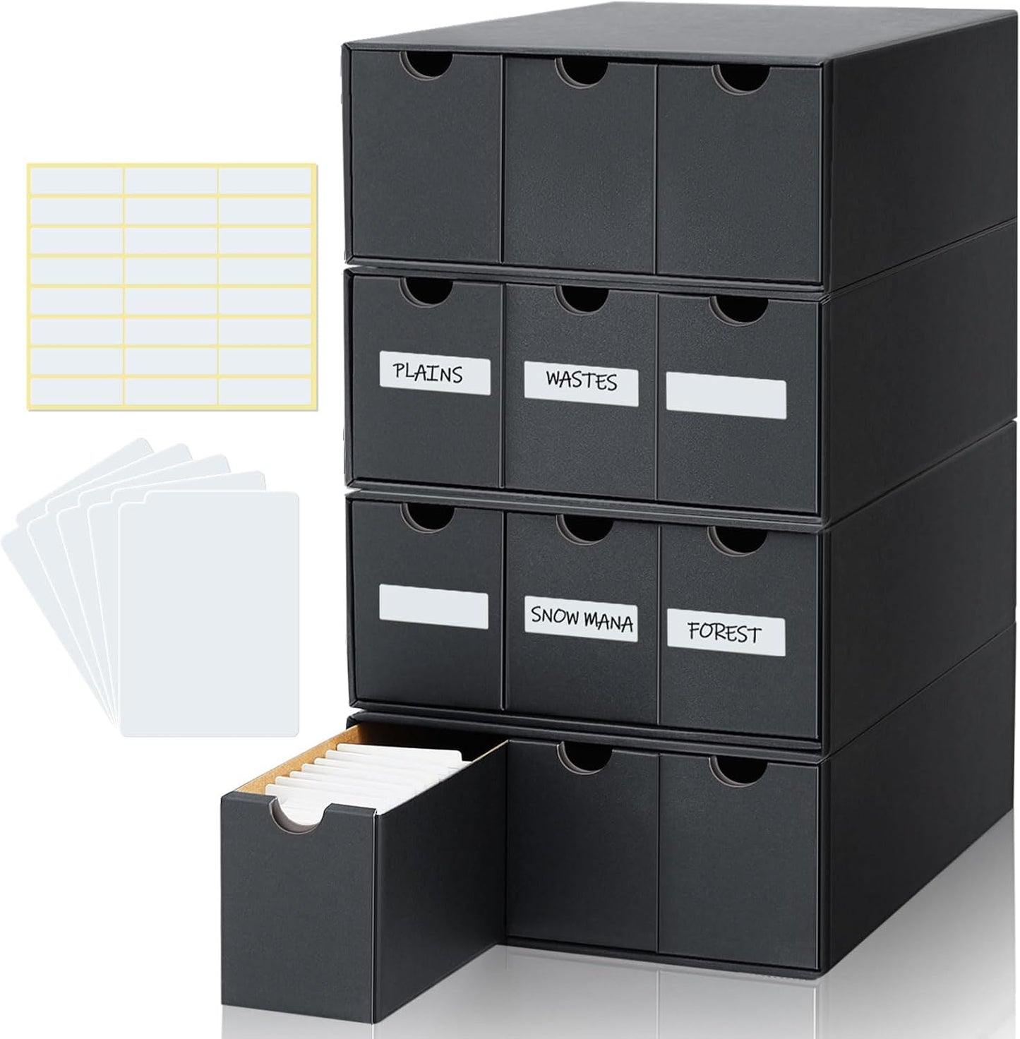 Cholemy Trading Card Storage Box 15000+ with 70 Cardboard Storage Divider, Label Sticker for Collection Compatible with TCG, Sport Cards(4 Row, 3 in A Row,Black)