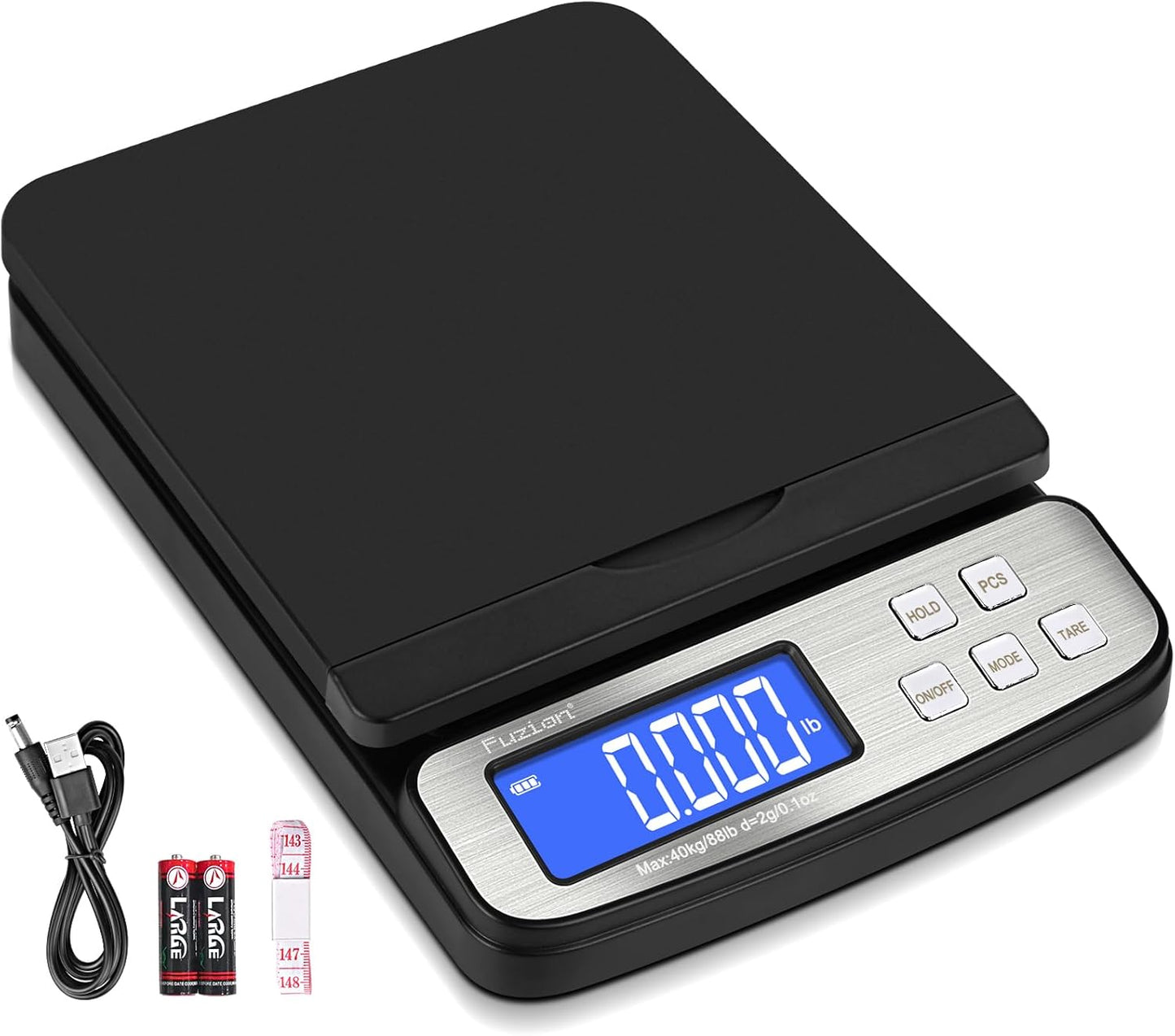 Fuzion Shipping Scale - Digital Postal Scale 88lb x 0.1oz, 5 Units, Hold/Tare/PCS Counting, Easy Calibration, Large LCD, All-in-1 Scale for Packages