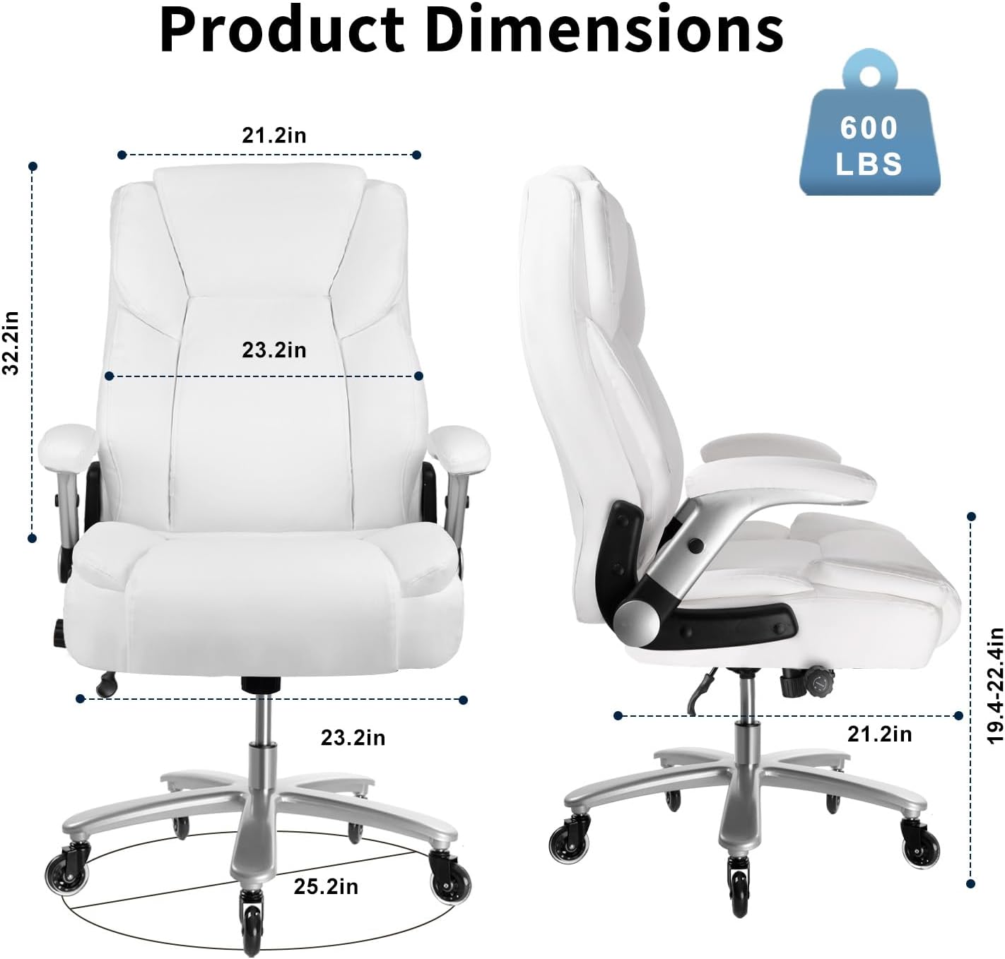 Big and Tall Office Chair 600lbs, Ergonomic Heavy Duty Executive Office Chair, High Back Office Leather Chair with Adjustable Armrests and Lumbar Support, White Big Tall Chair for Heavy People