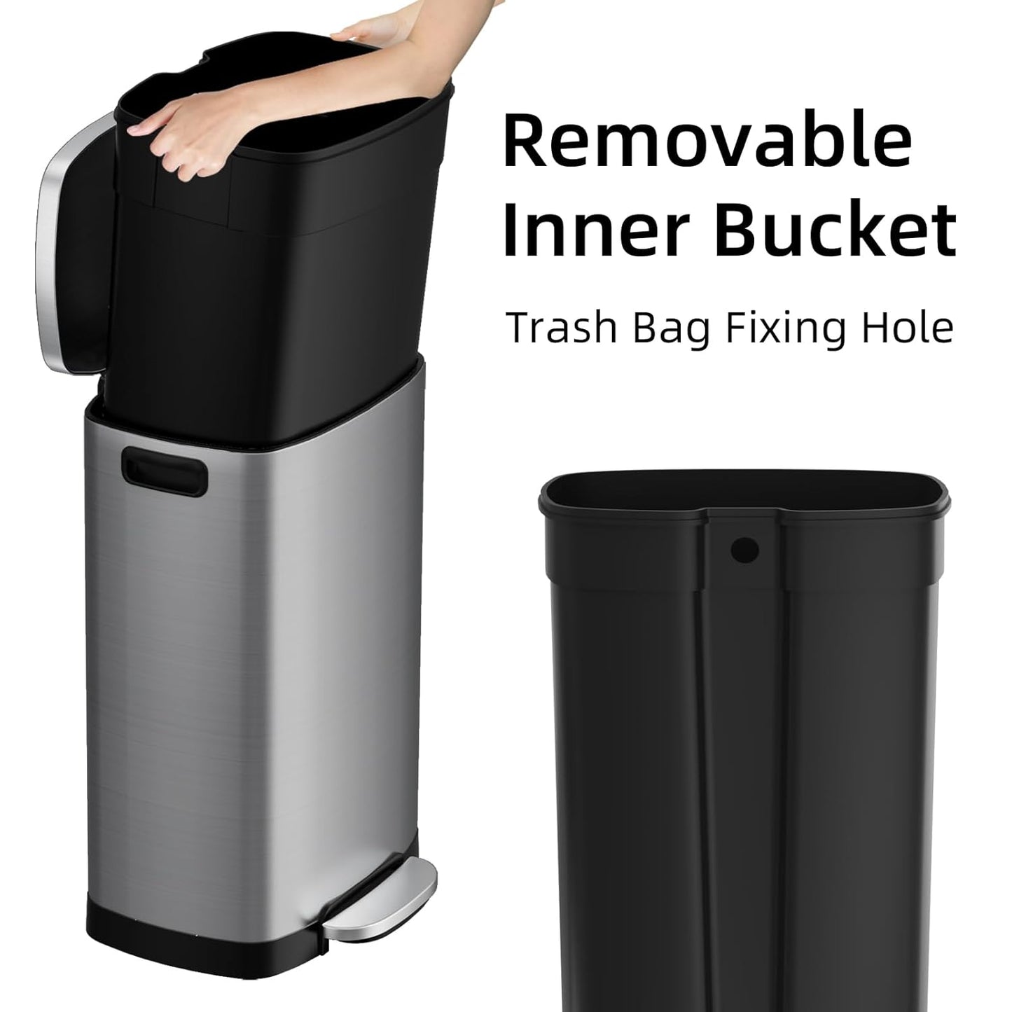 KUK 13 Gallon/50L Stainless Steel Kitchen Trash Can with Lid and Step Pedal-Large Capacity Garbage Bin with Odor Seal, Silent Close Lid, Removable Inner Bucket, Titanium Silver