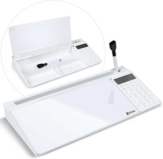 Varhomax Glass Desk Whiteboard with Calculator, Desktop Dry Erase White Board with Storage, to Do List Memo Notepad for Home and Office