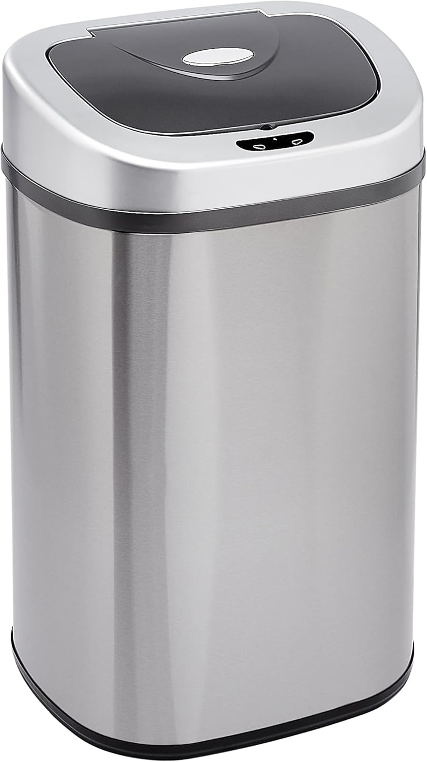 Amazon Basics Automatic Trash Can with Lid, Hands-Free, Stainless Steel, D-Shaped 80 l, 2 Bins
