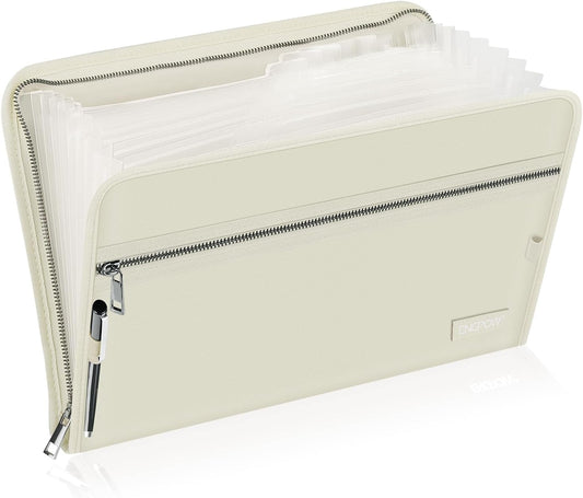 ENGPOW Accordion File Organizer,Fireproof 13 Pockets Expanding File Folder,Document Organizer Folder with Zipper＆Labels,Portable Home Travel Safe Storage for Letter A4 Files and More,Beige