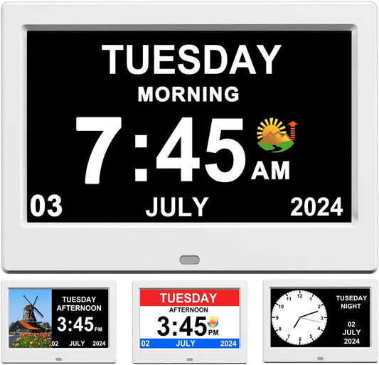 Alarm Clock with Day and Date for Elderly Digital Calendar Clock Photo Frame- Auto Dimmable Display 15 Alarm Options (7inch White)