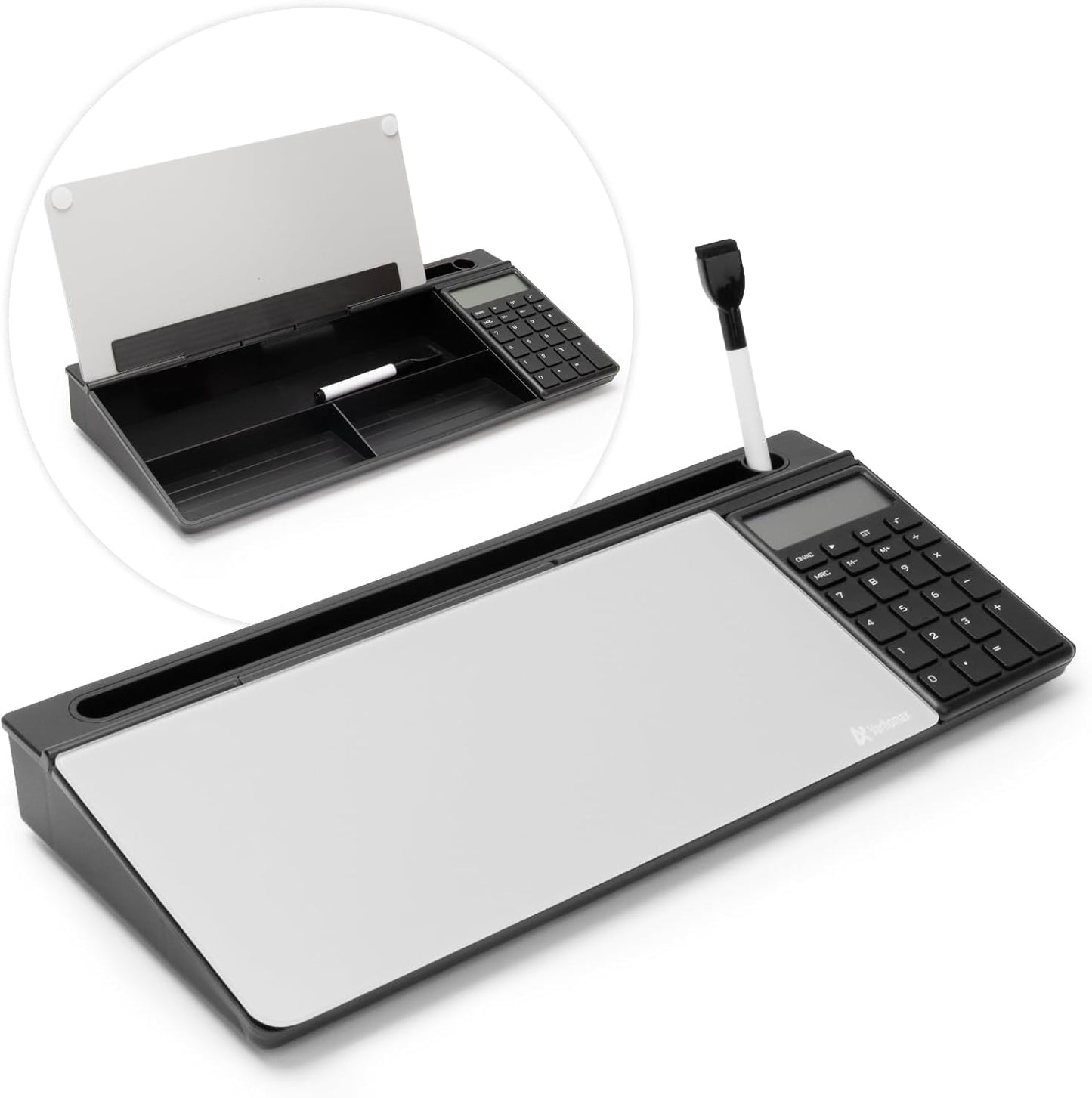 Varhomax Glass Desk Whiteboard with Calculator, Desktop Dry Erase White Board with Storage, to Do List Memo Notepad for Home and Office