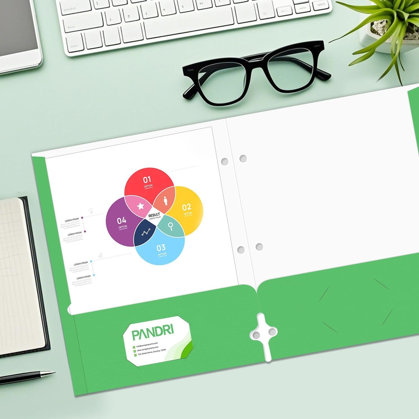 Two Pocket Portfolio Folders, PANDRI 60 Pack 3 Hole Punched 2 Pocket Folders for 3 Ring Binder, Letter Size Paper File Folder for School Office Home Business, Green