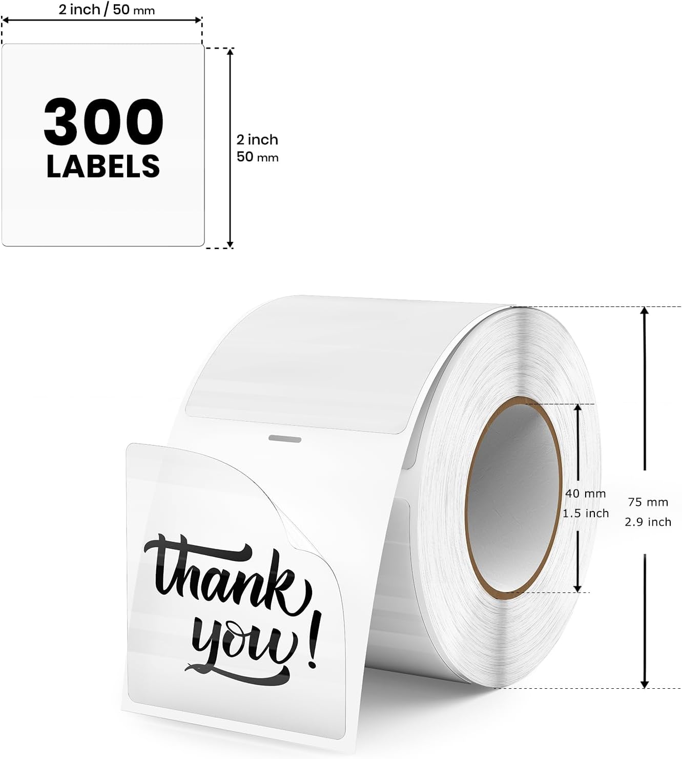 Clear Thermal Labels Rectangle Vinyl 2 x 2 Inch Transparent Direct Printer Stickers Label Square Self Adhesive Waterproof Decals Roll for Home Office Business QR Code Seal DIY Logo 300 PCS