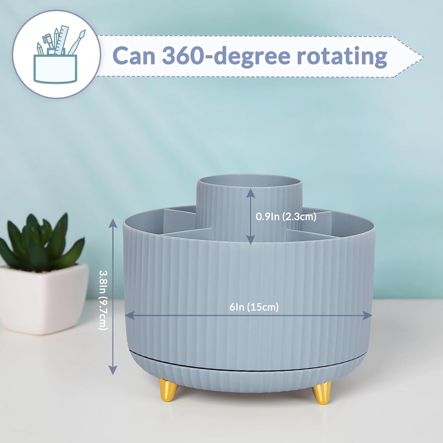 SKYDUE 360 Degree Rotating Desk Organizer, Dual-Purpose Pencil Pen Holder, Rotating Desk Pen Organizer with 5 Slots, Pencil Cup for Office, School, Home (Airy Blue)