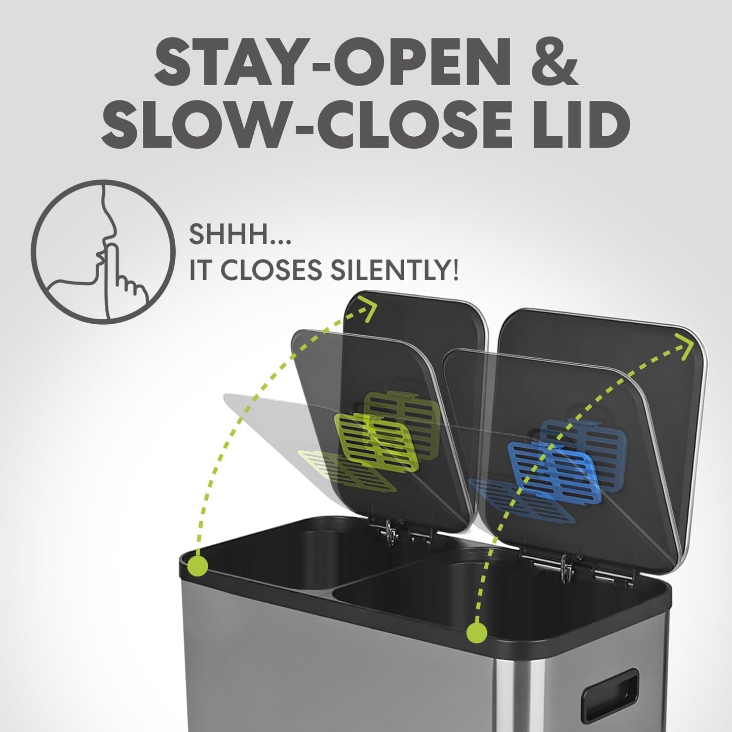 Simpli-Magic 18.5 Gallon (40L x 30L) Dual Compartment Step Trash Can – Kitchen Garbage Can with Waste & Recycling Bins – Slow-Close Lid, Odor Control, Hands-Free, Stainless Steel