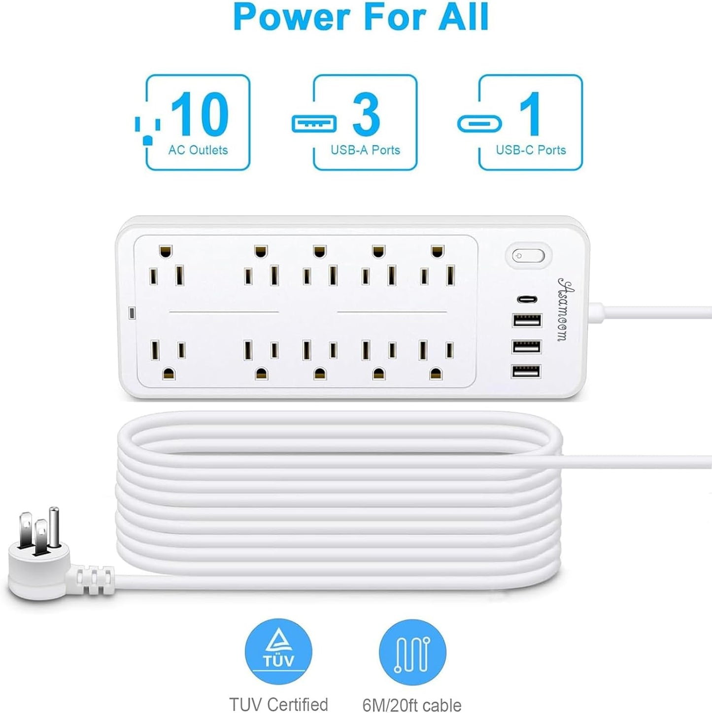 15 FT Power Strips with Surge Protection 1625W/13A,10 Outlets with 4 USB Ports (1 USB C) Long Extension Cord with Multiple Outlets 16Awag 1700J Flat Plug Power Strip Protector White,ETL Listed