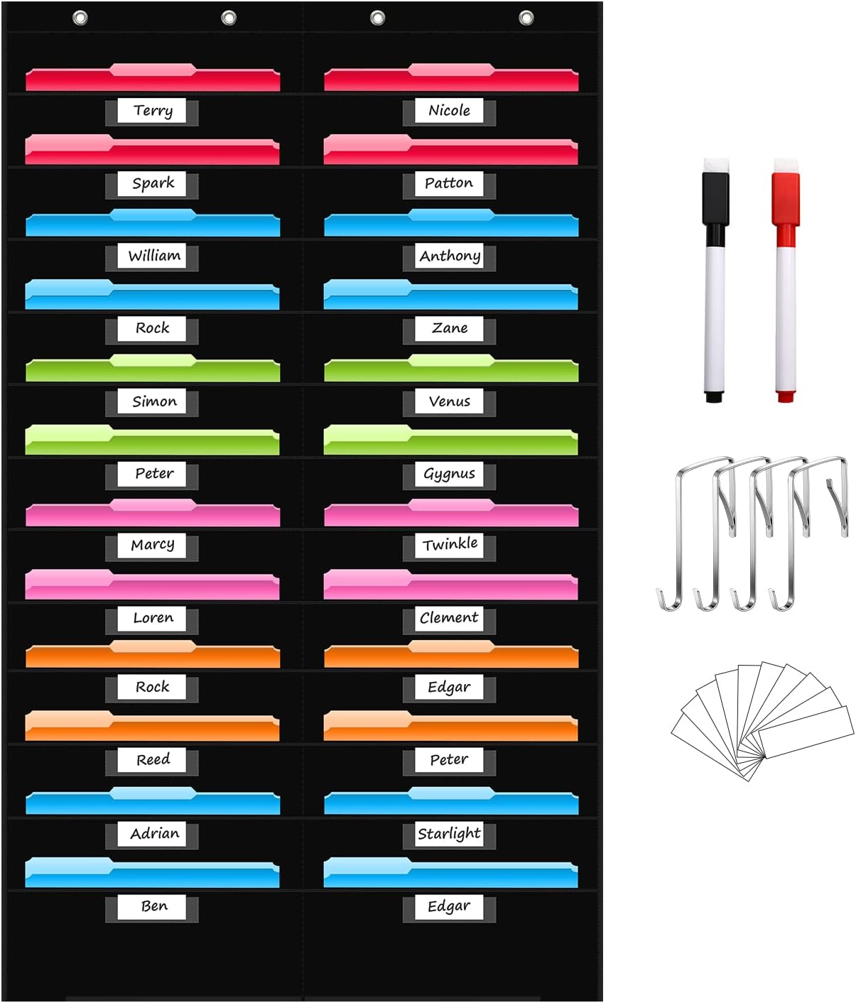 REGELETO 24 Pocket Storage Chart with Nametag Pockets, Hanging Wall File Organizer for Classroom and Office, Black