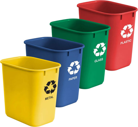 Acrimet Wastebasket Bin for Recycling, 6.75 Gallon/ 27 Quart/ 25.552 Liter (Made of Plastic) (Metal/Yellow, Paper/Blue, Glass/Green, Plastic/Red) (Set of 4)