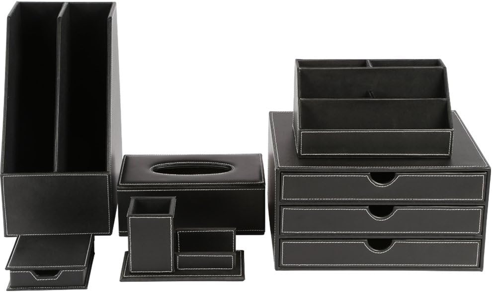 KINGFOM Office Desk Organizer Set 6PCS Desk Set, Desk Organizer Drawer, Files Holder Rack, Multifunction Organizer Box, Pen Holder with Name Card Holder, Memo Paper Holder,and Tissue Box Holder (T05H)