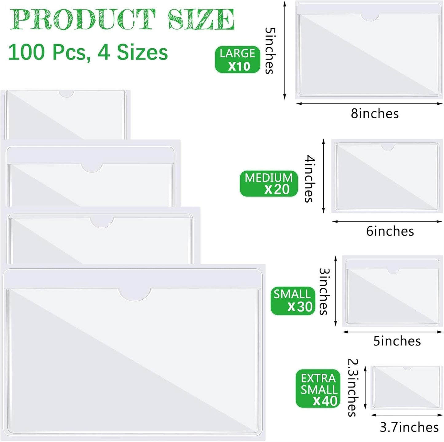 Outus 100 Pcs Clear Self Adhesive Pockets - Bin Labels for Storage Bins, Pocket Label Sleeves, Plastic Index Card Holder with Top Open for Organizing Bins Box Drawer(Mixed Sizes)