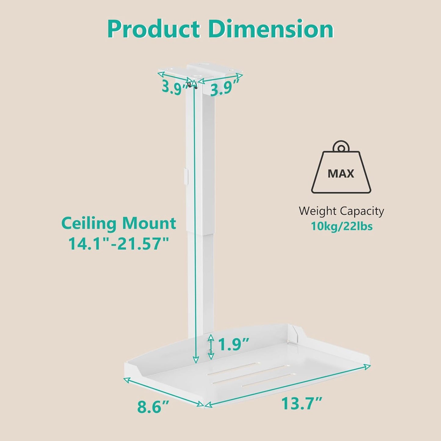 WALI Projector Ceiling Mount Tray，Projector Wall Mount Holds up to 22lbs，Height Adjustable Universal Projection Mount Tray 13.7'' x 8.6'', No Hole Installation, Hidden Cable Routing, White (PM-005-W)