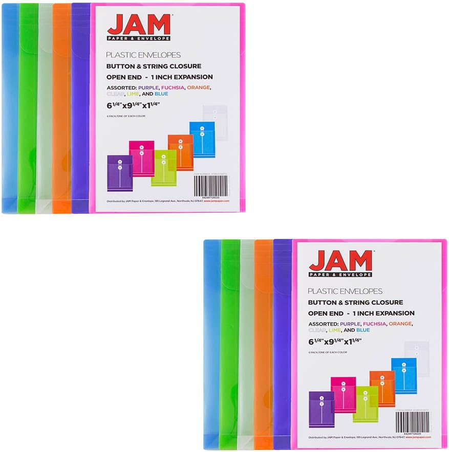 JAM PAPER Plastic Envelopes with Button & String Tie Closure - 6 1/4 x 9 1/4 - Assorted Colors - 12/Pack
