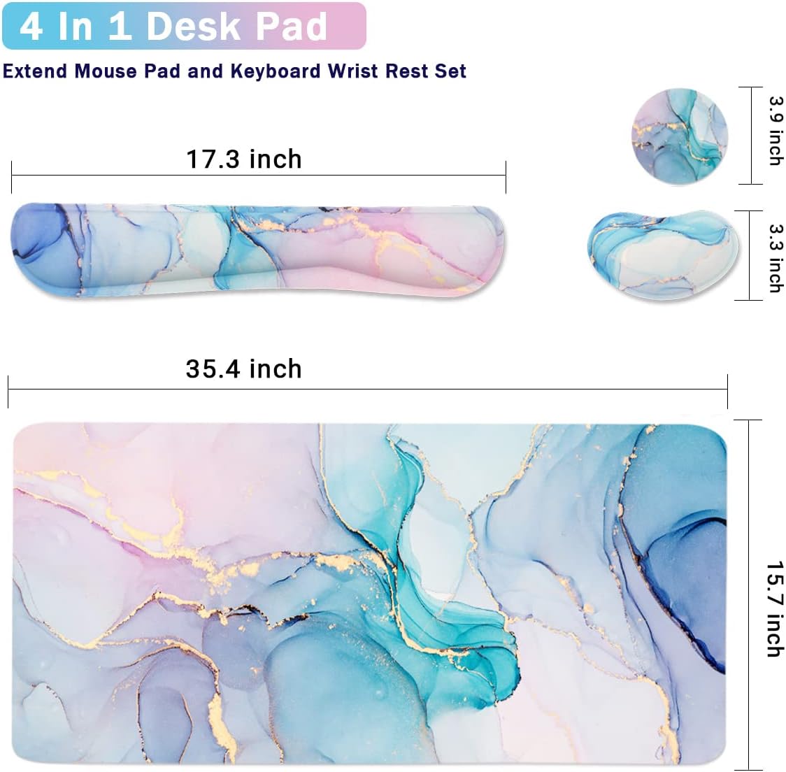 4-in-1 Large Gaming Mouse Pad, Keyboard Wrist Rest Pad & Wrist Support Mousepad Set, Extended Desk Pad Waterproof Desk Mat for Home Office Study Game - Blue