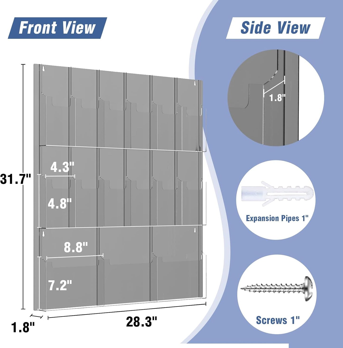 Acrylic Brochure Pamphlet Holder, 3 Magazine Holders and 12 Pamphlet Holders, Wall Mount Display Rack, Trifold Flyer Holder, Literature Organizer for Home, Office, Dual-Tone Clear Front & Black Back
