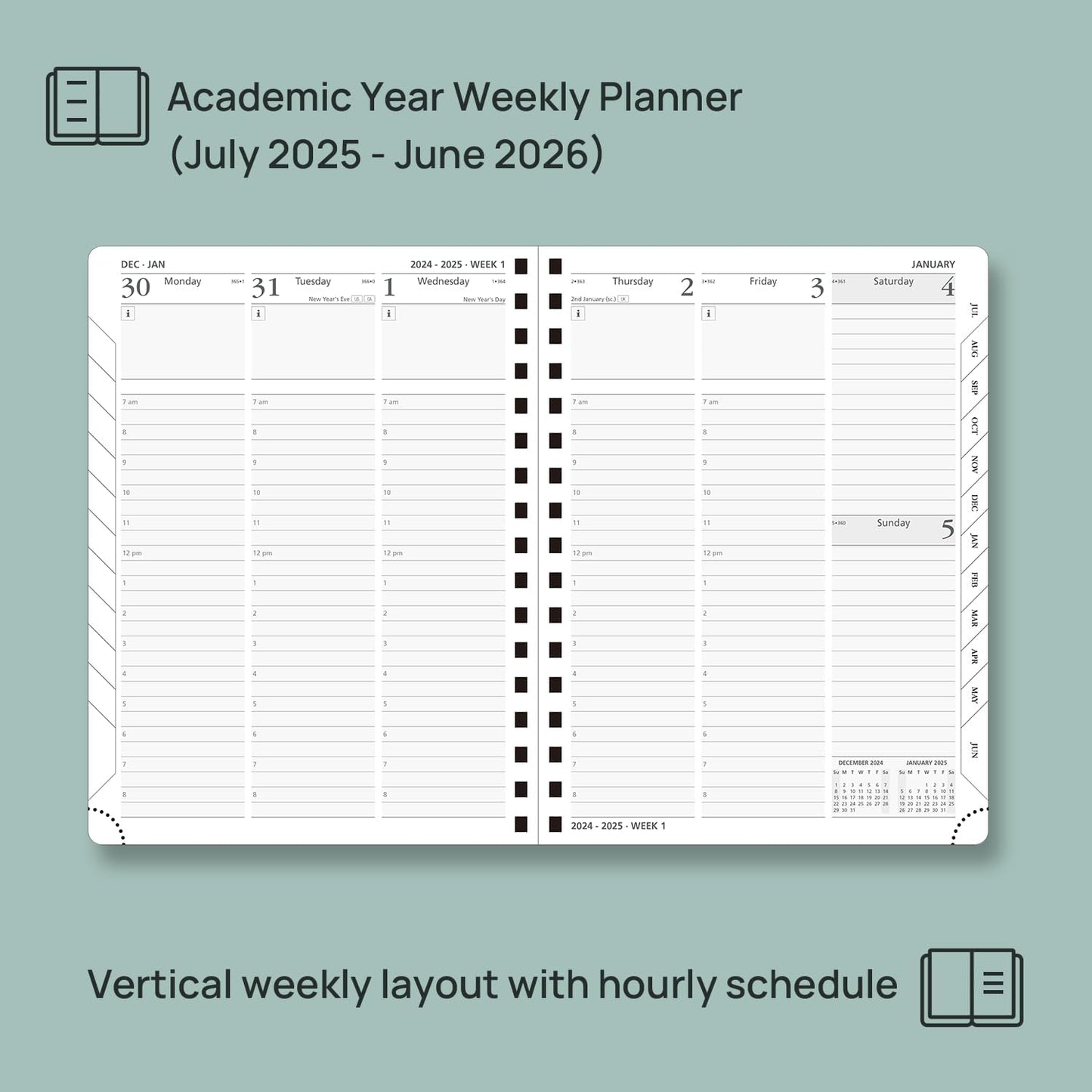 POPRUN Planner 2025-2026 (Medium - 6.5'' x 8.5'') Academic Weekly Calendar (July 2025 - June 2026) with Hourly Time Slots, Monthly Tabs, 100GSM Thick Papers, Spiral Leather Cover - Pacific Green