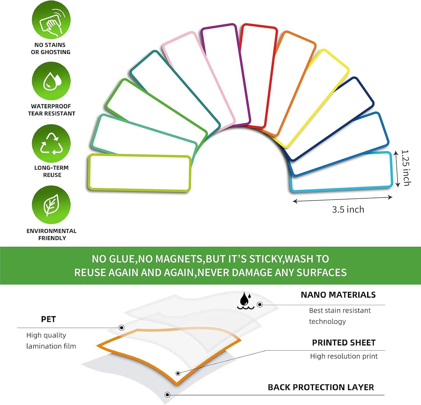 Reusable Dry Erase Labels Sticky Notes for Storage Bins Organizing Jar Pantry, Waterproof Removable Label Stickers for Kitchen Office School All Purpose Use (1.25 * 3.5 inches Mullticolor)