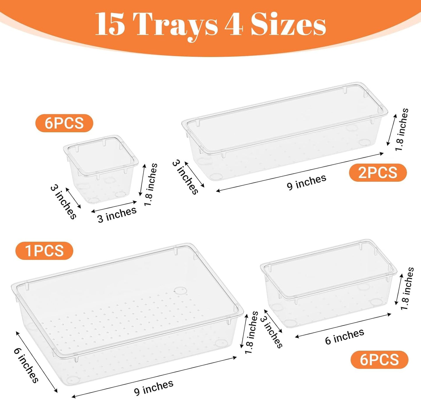 15 PCS Clear Plastic Drawer Organizer Set, 4-Size Acrylic Drawer Storage Trays, Storage Bins for Makeup, Gadgets, and Jewelry in Bathroom, Bedroom and Office, Clear