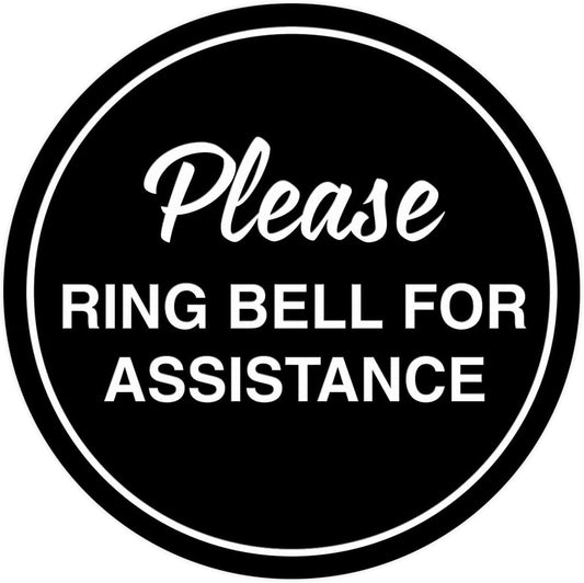 Signs ByLITA Circle Please Ring Bell For Assistance Wall or Door Sign | Easy Installation | Front Desk Reception Sign (Black) - Medium (5 Pack)