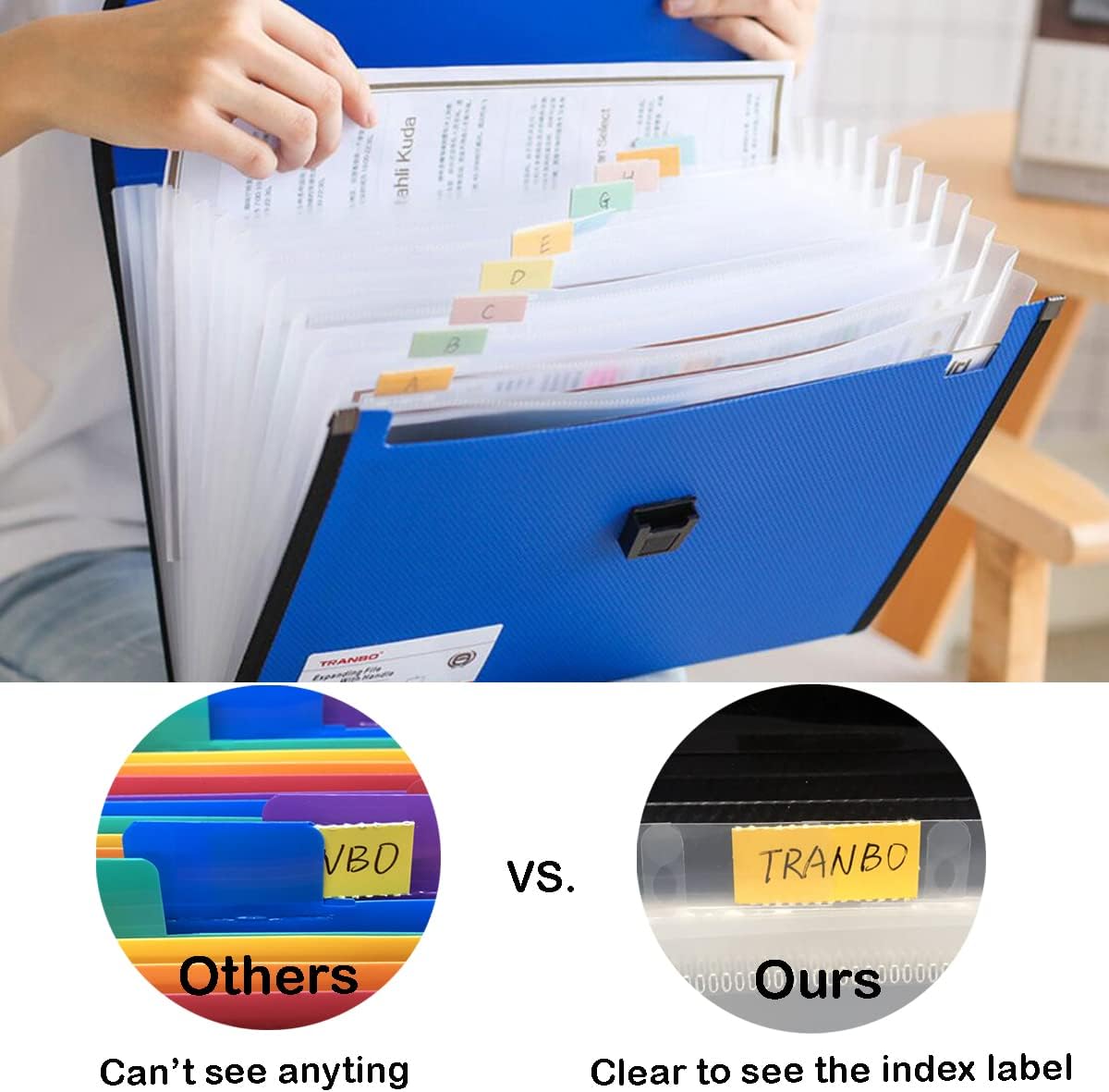 12 Pockets Letter Size/A4 Accordion File Organizer with Handle, TRANBO Expanding File Folder, Portable Paper Organizer, Expandable Plastic Document Organizer for Travel School Office - Blue