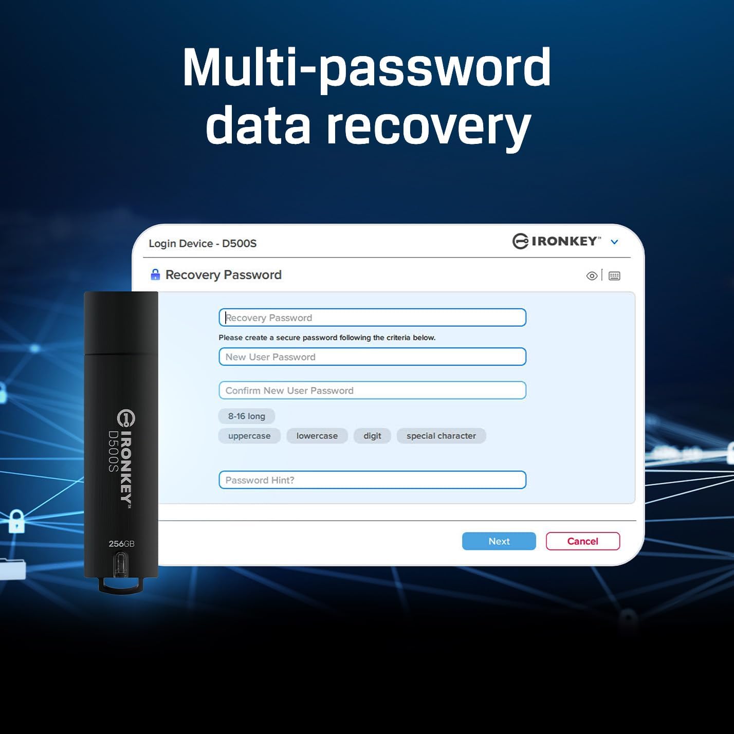 Kingston Ironkey D500S 256GB Encrypted Flash Drive | Dual Hidden Partition | FIPS 140-3 Level 3 | XTS-AES 256-bit | BadUSB and Brute Force Protection | Multi-Pin Option | IKD500S/256GB