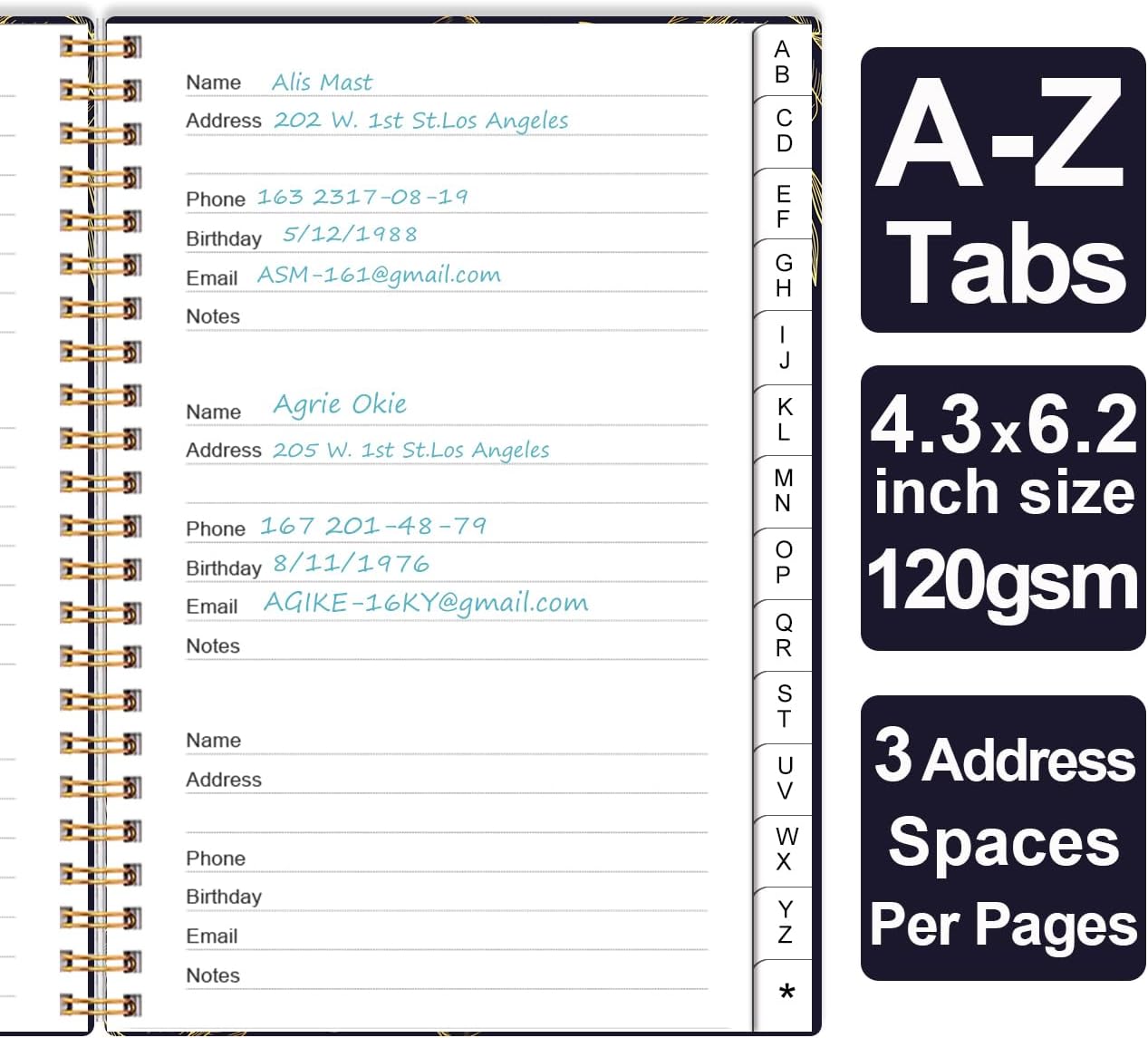 Address Book with Alphabetical Tabs - Small Address Book Spiral with Address Contacts, Special Date, Phone, Birthday & Internet Login Password for Home and Office, 4.3" x 6.2", Black Flower