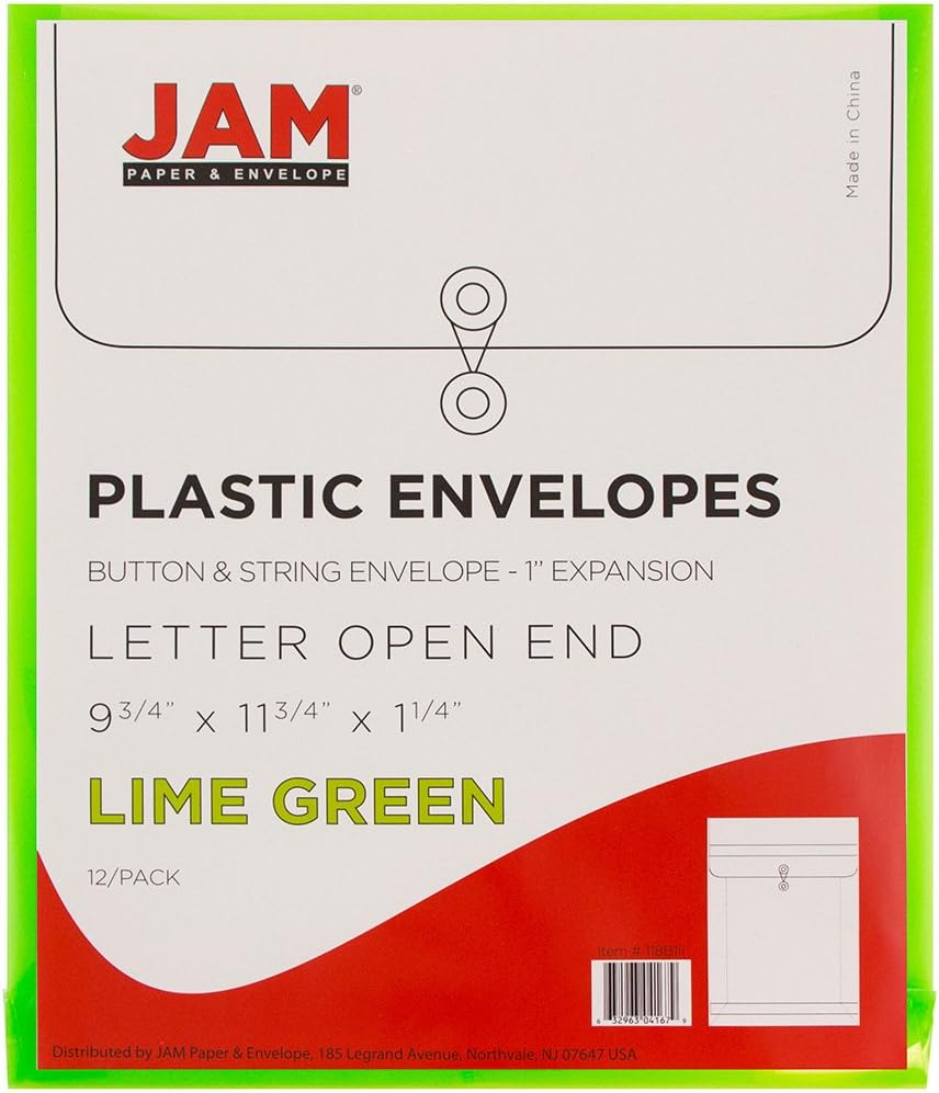 JAM PAPER Plastic Envelopes with Button & String Tie Closure - Letter Open End - 9 3/4 x 11 3/4 - Lime Green - 12/Pack