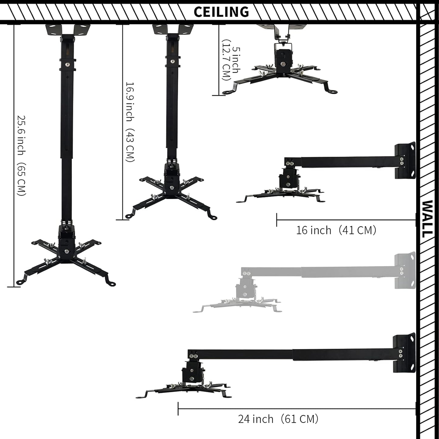 Projector Mount Wall or Ceiling Projection Mount Bracket with Adjustable Height and Extendable Arms Mounts for Home and Office Projector