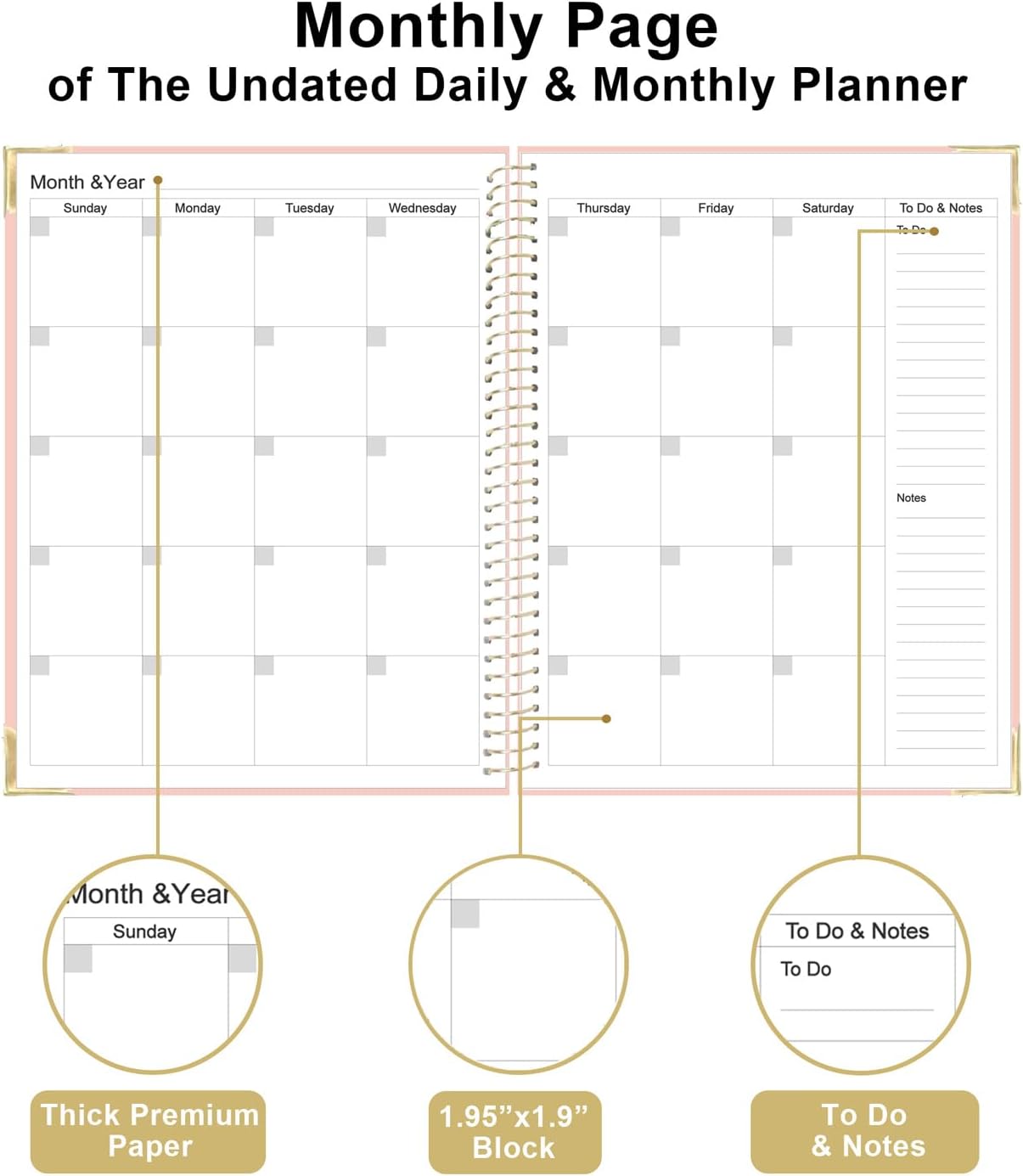 Undated Daily Monthly Planner for 2025 2026 - A4 To Do List with Hourly Schedule, Hardcover Spiral Bound Daily Planner to Increase Focus, Stylish School/Office Supplies, 8.5" x 11", Pink