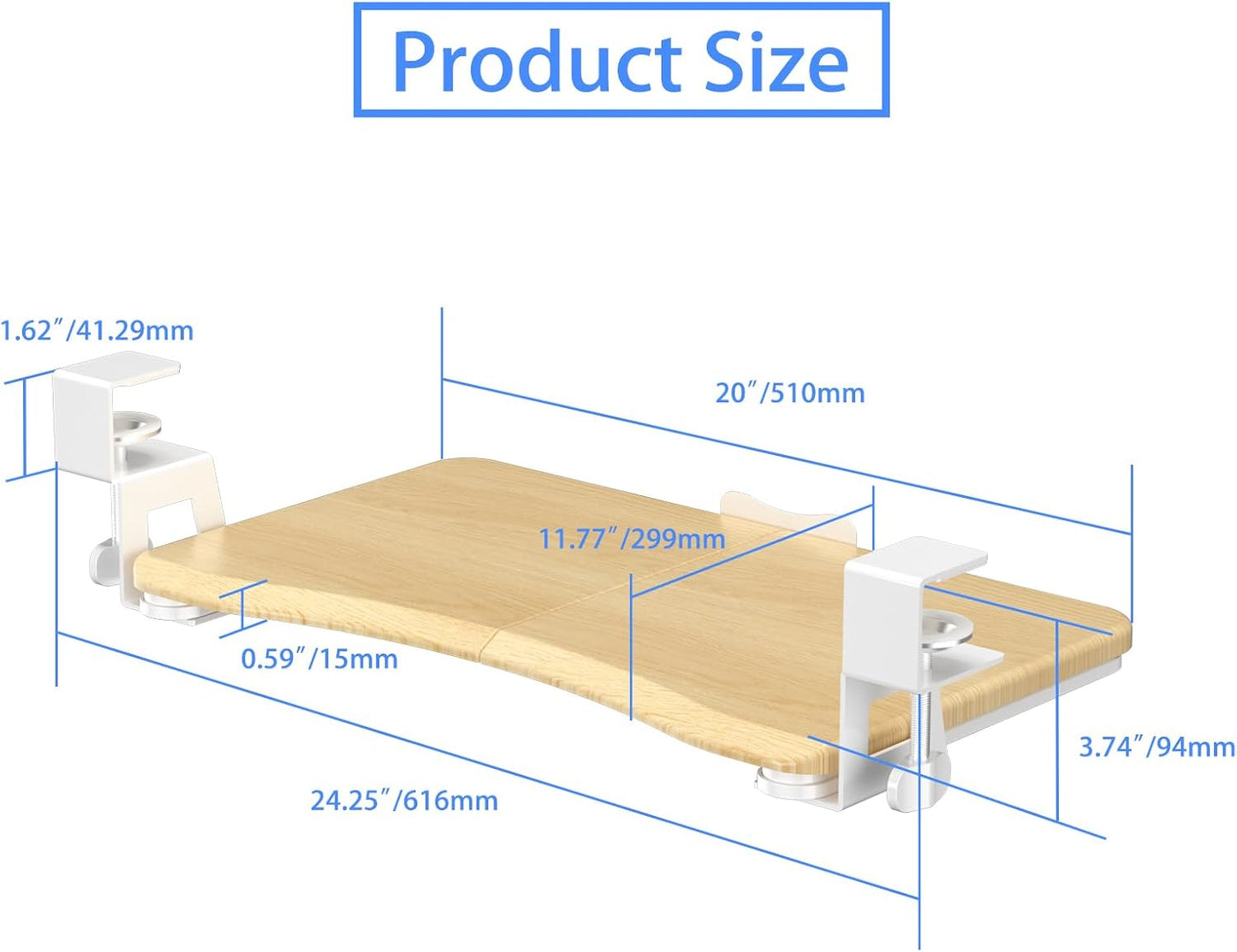 suptek Small Keyboard Tray Under Desk Pull Out with C Clamp Mount for Computer Keyboard, 20 (24.2 Including Clamps) x 11.8 inch Slide-Out Platform Computer Drawer for Typing, Light Wood, DSF1SQM