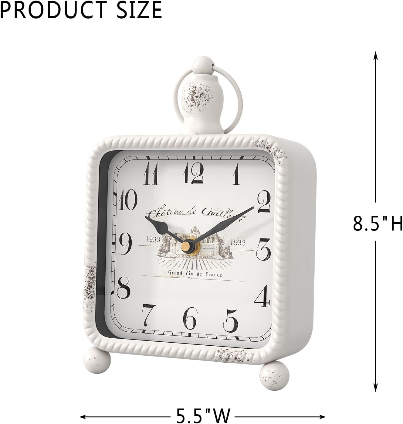 Vintage White Table Clock on Stand, Desk and Shelf Decor Clock, French Rustic Style Non-Ticking Mantel Clocks for Farmhouse, Living Room, Bedroom, Bedside, Gift (8.5" H x 5.5" W)