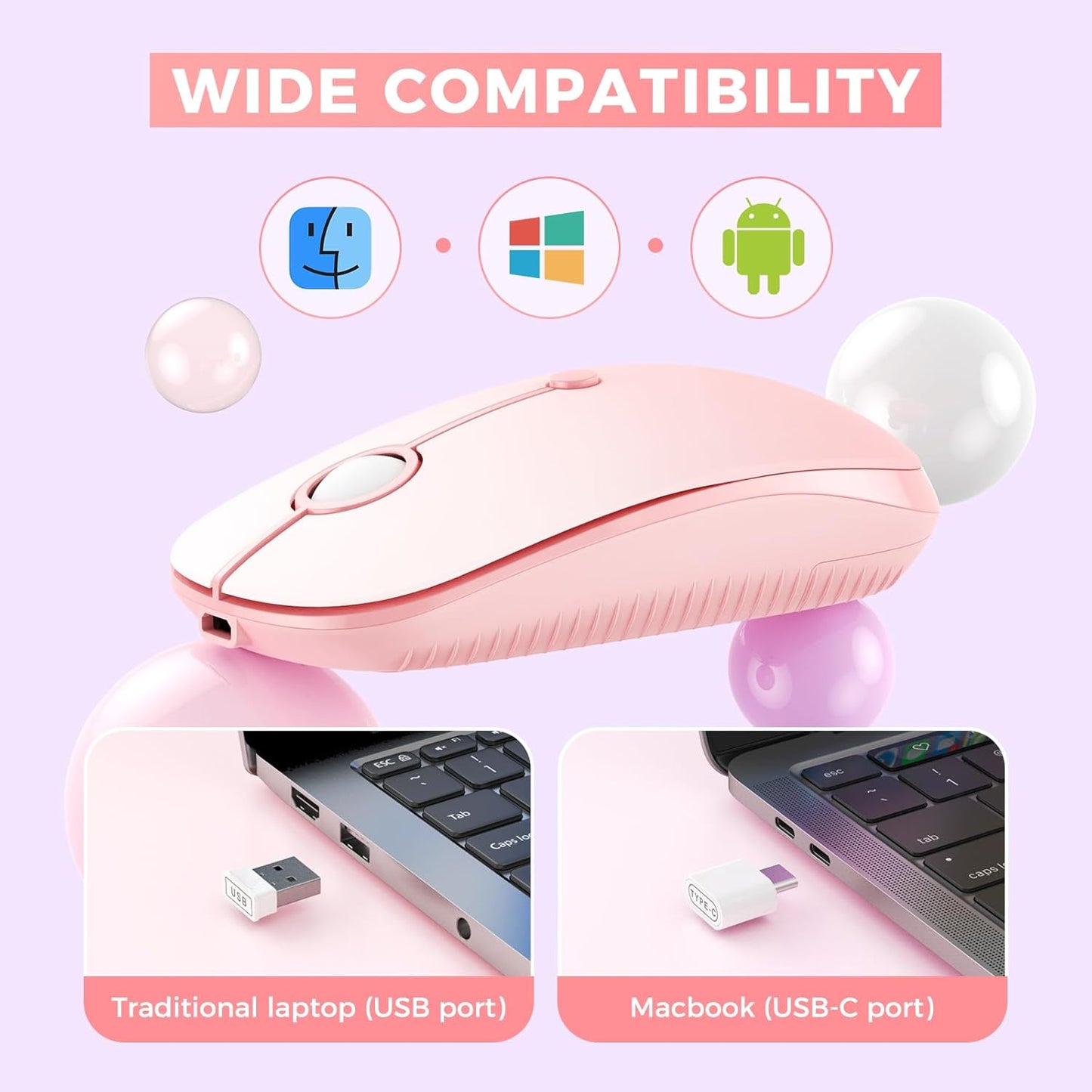 VssoPlor Type C Wireless Mouse, USB C MacBook Wireless Mouse Dual Mode 2.4G Cordless Mice with Nano USB and Type C Receiver Compatible with PC, Laptop, MacBook, ipad-Gradient Pink