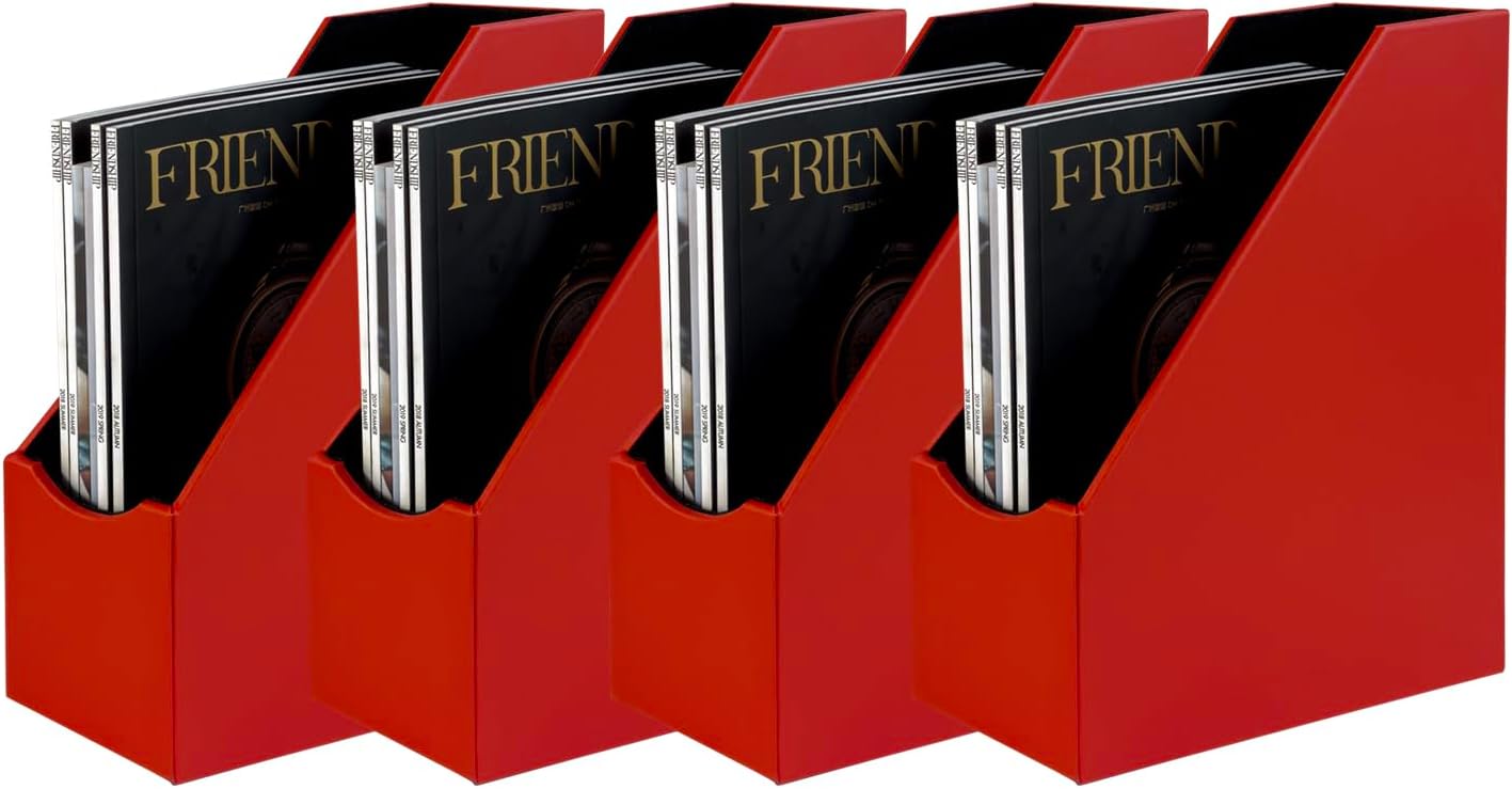 UnionBasic Magazine File Holder - Office Leatherette Desktop Document File Folder Journals Organizer Racks, Red, Set of 4