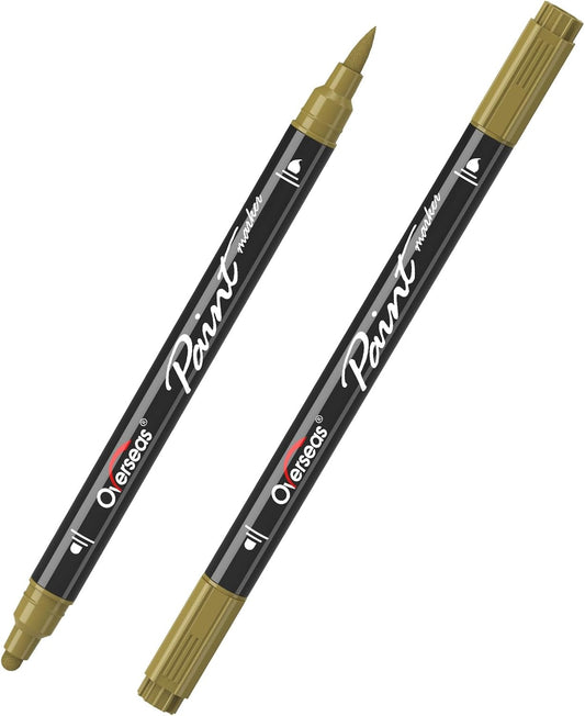 Overseas Gold Acrylic Paint Markers, 2 Pack Dual Tip Paint Pens Acrylic Markers with Dot and Brush Tip, Coloring Marker for Wood, Rock, Canvas, Glass, Metal, Ceramic, Plastic, Fabric, School Supplies