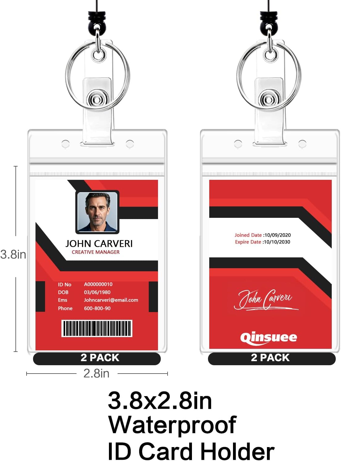 2 Pack Badge Reels Retractable with Key Rings, ID Badge Holder with 2 pcs Waterproof Extra Thick ID Card Holders, Belt Clip (Black)