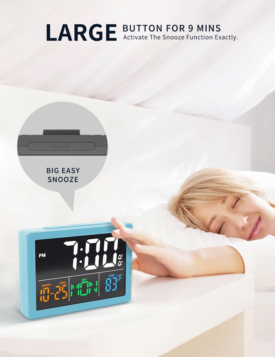 Digital Alarm Clock, with 5.5" Large LED Time Display, Adjustable Alarm Volume, 6 Level Brightness, Alarm Settings, USB Charger, Temperature Detect, Snooze, Clocks for Bedroom, Bedside, Desk, Blue