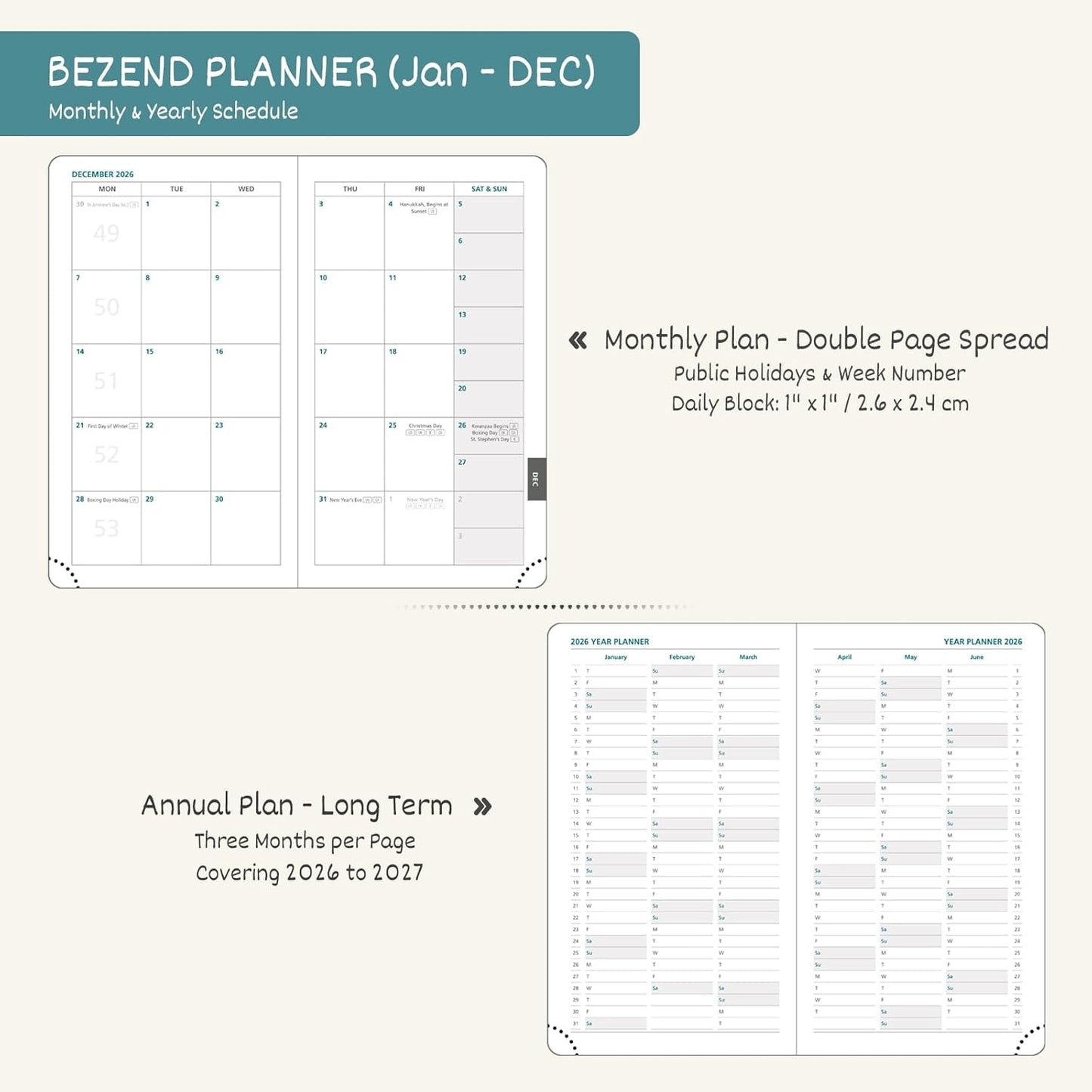 BEZEND Pocket Calendar 2026 Weekly and Monthly (3.5" x 6") Small Daily Planner for Purse (Jan-Dec) with Notes & Expenses, Inner Pocket, Pen Holder, Vegan Leather Hardcover - Cornflower