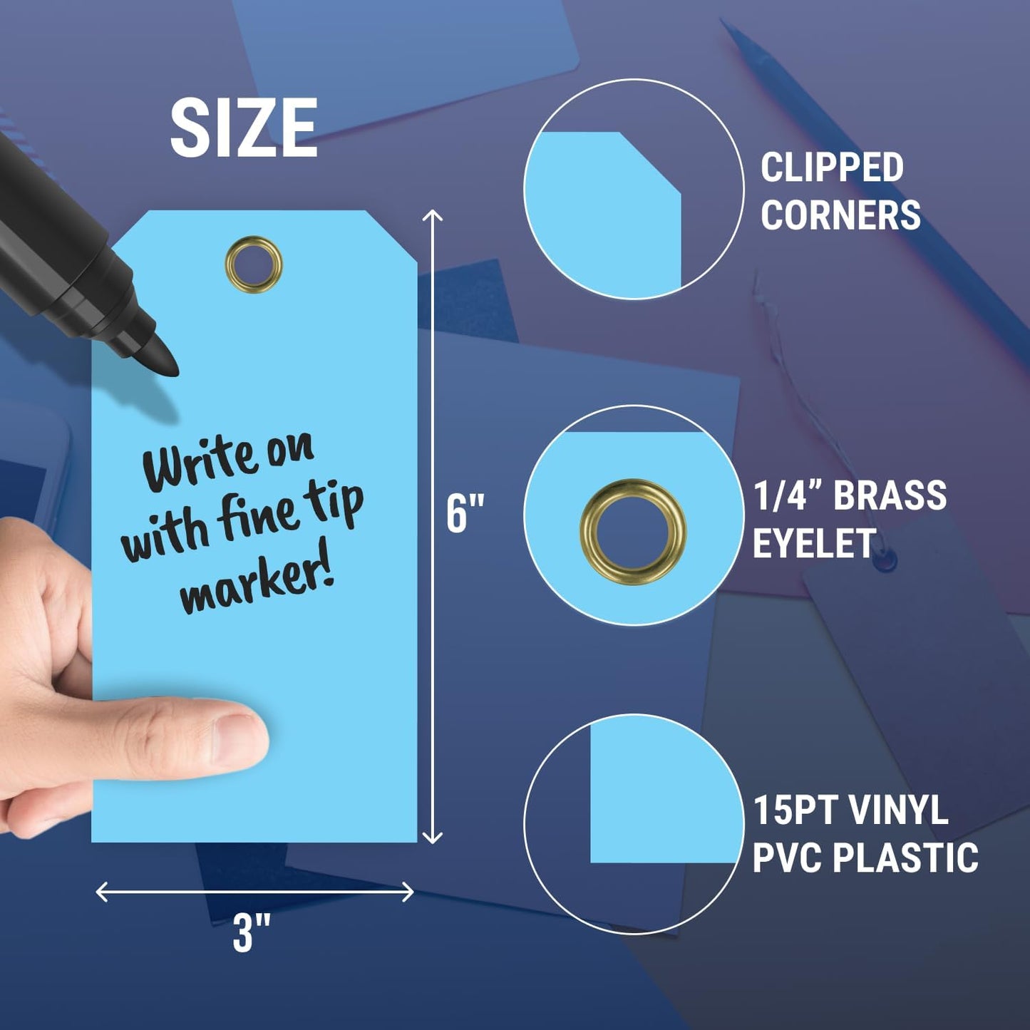 Tags 4 Less 15 Mil Waterproof Plastic Tags, Pack of 100 – 3” x 6” Heavy Duty Plastic Tags for Labeling, Outdoor Tagging, Equipment Labeling, Luggage, Valves & More (Light Blue)