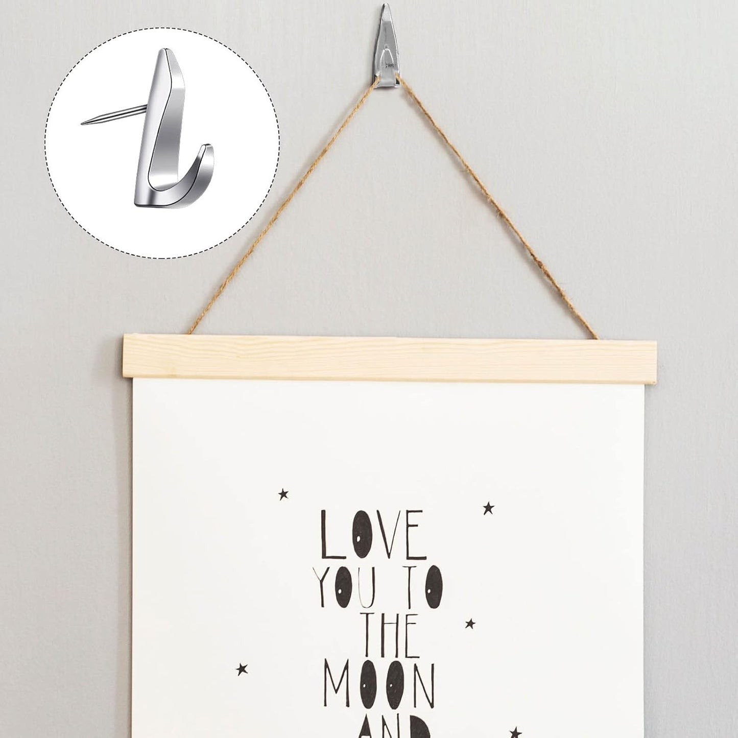 Ferraycle 30 Pieces Metal Push Pin Hangers 20 lbs Picture Hooks Zinc Alloy Thumb Tacks Hanging Hooks with Nails for Home Office Fabric Wall Wooden Board (Silver)