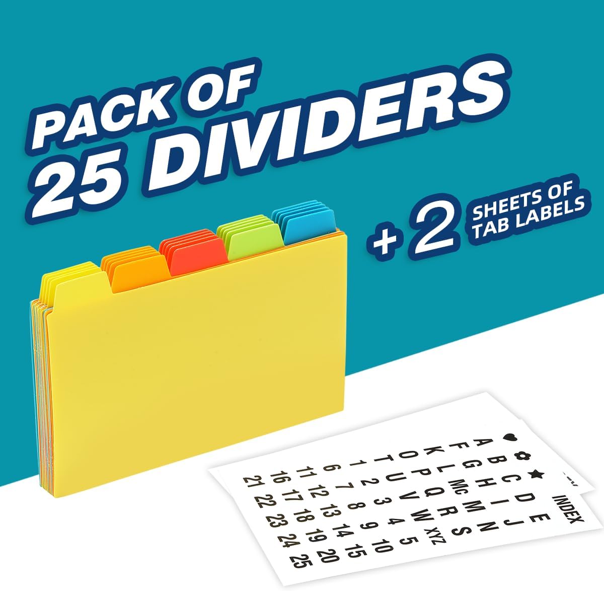 Chell 3x5 Plastic Index Card Dividers, Heavyweight Poly Index Card Guides A-Z for Flash Cards and Recipe Cards, with Alphabetical/Blank Stickers, Pack of 25