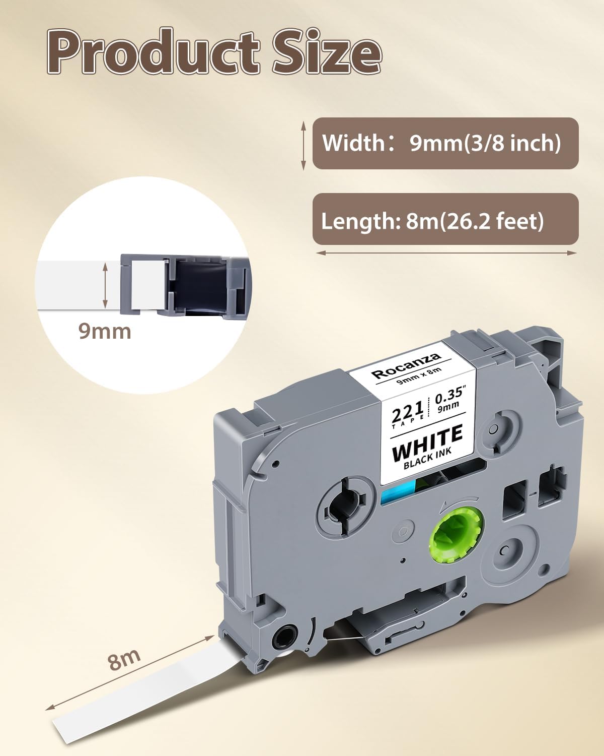 TZe-221 TZ Tape 9mm 0.35 Laminated White Compatible with Brother Label Maker Tape TZe-221 PTouch 3/8" Work with Brother PTouch D220 PTD210 PTH110 PTH111 PTP710BT PTD400 Cube, 6-Pack