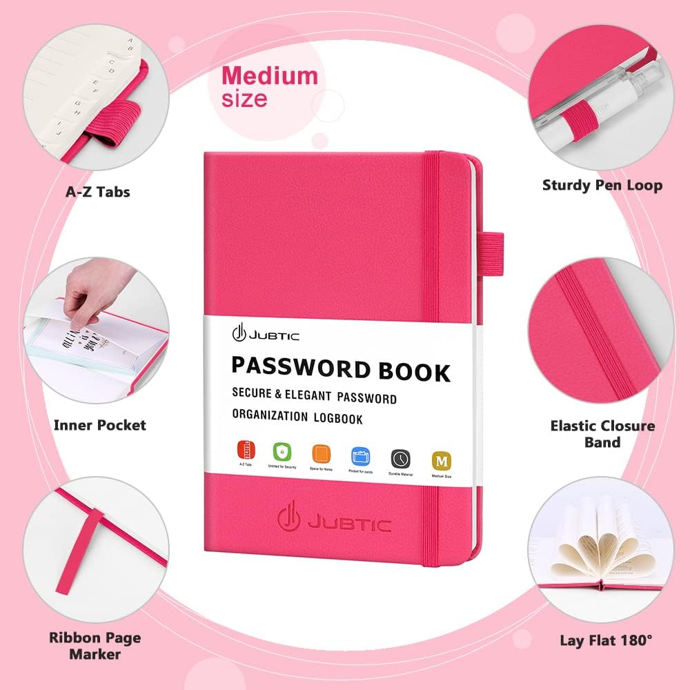 JUBTIC Password Book with Alphabetical Tabs. Medium Size Password Keeper Logbook for Internet Log in, Website Address. Hardcover Password Journal Notebook & Organizer for Home Office, Hot Pink
